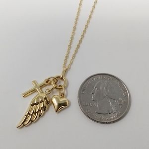 New 14k yellow gold charm pendant necklace angel wing heart cross